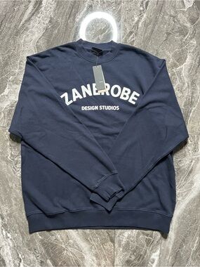 NWT Zanerobe Men's Navy Crewneck Sweatshirt with White Chest Logo New